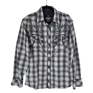 Roar Mens Embroidered Button Up Shirt Large Grey Plaid Tribal Western Y2K